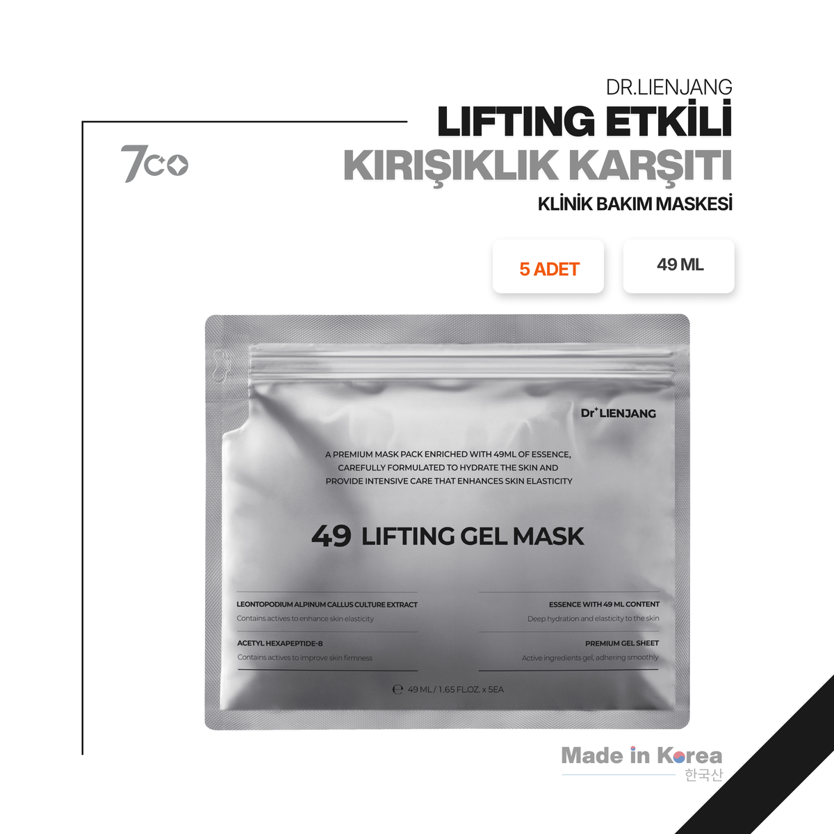 Dr.Lienjang Lifting Etkili | Kırışıklık Karşıtı | Klinik Bakım Maskesi | 5 Adet