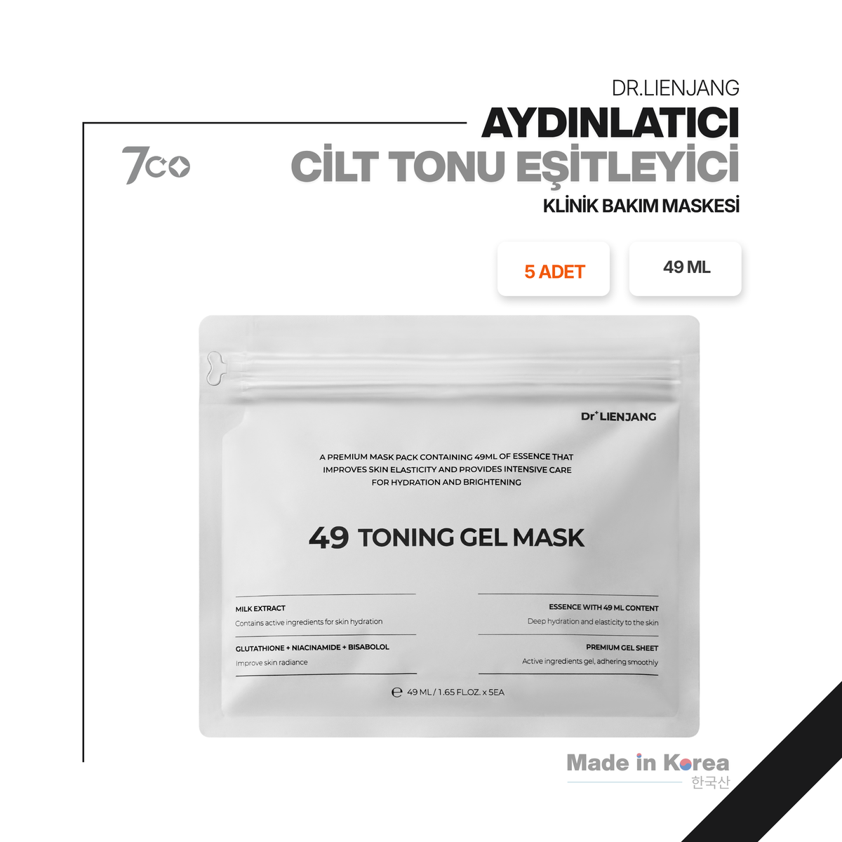 Dr.Lienjang Aydınlatıcı | Cilt Tonu Eşitleyici | Klinik Bakım Maskesi | 5 Adet