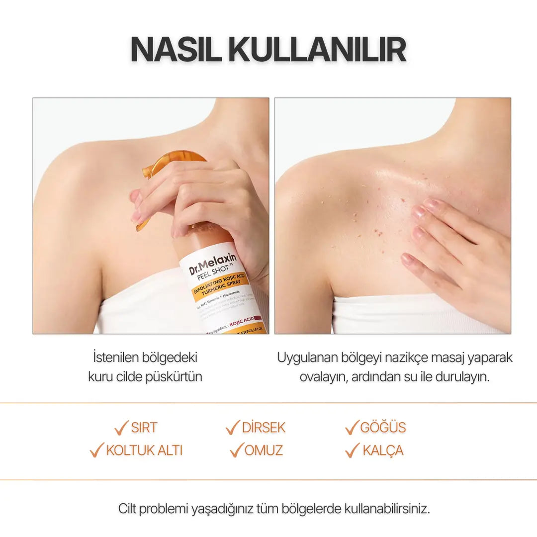 Dr.Melaxin Kojik Asit İçerikli Vücut Peeling Spreyi – Batık ve Kararma Karşıtı Bakım 200ml