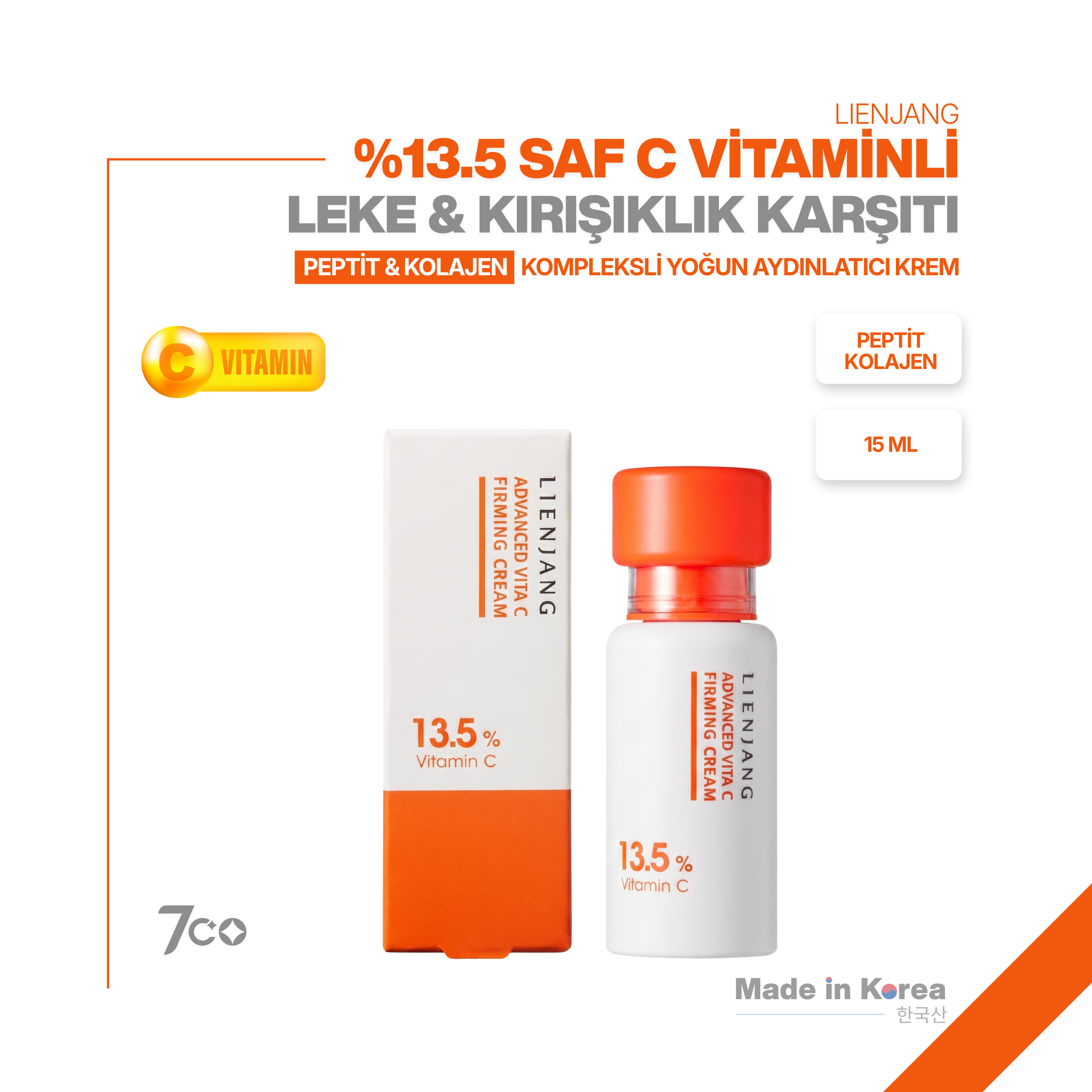 %13.5 Saf C Vitamini & Peptit |Leke & Kırışıklık Karşıtı |Yoğun Aydınlatıcı | Ton Eşitleyici Krem 15 ml