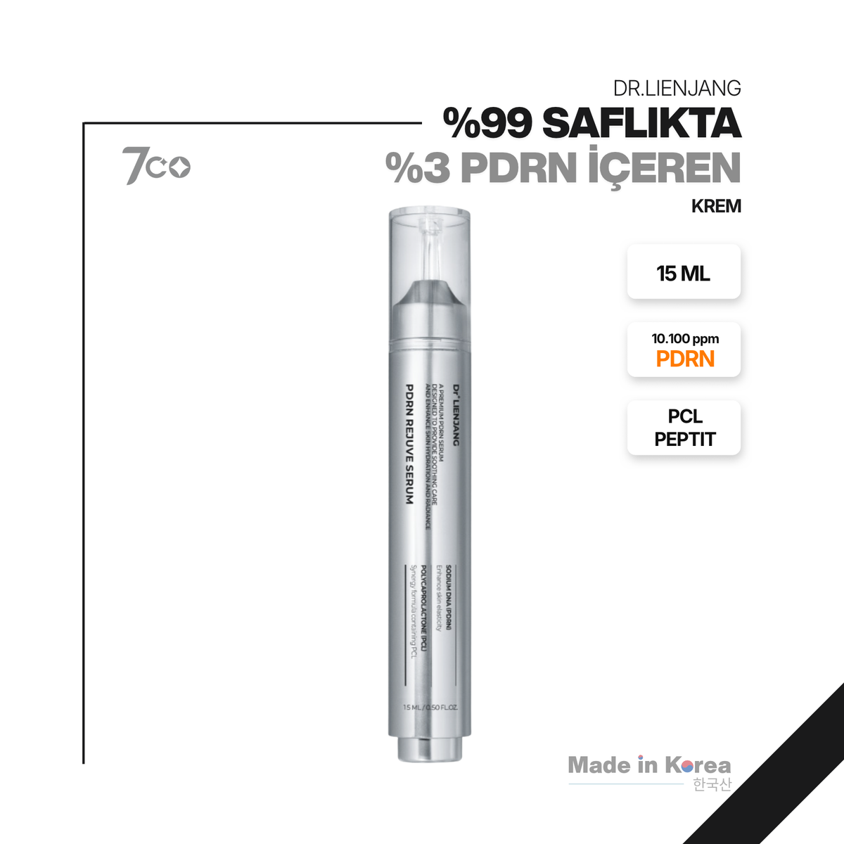 %99 Saflıkta %3 PDRN İçeren | Bariyer Onarıcı | Elastikiyet | Dolgun Görünüm | PCL, | PDRN Rejuve Serum