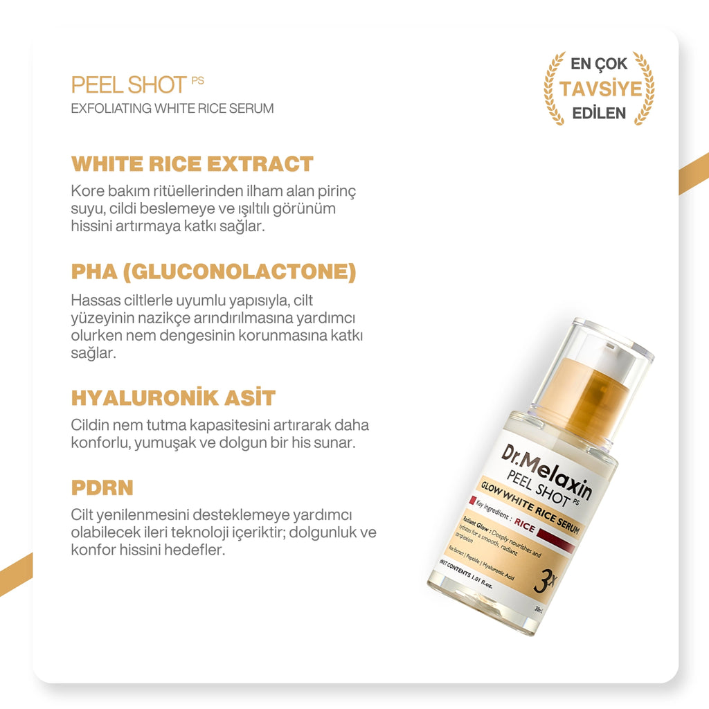 Dr.Melaxin Pirinç ve PDRN İçerikli Pürüzsüzleştirici Cam Cilt Etkili Serum 30 ml