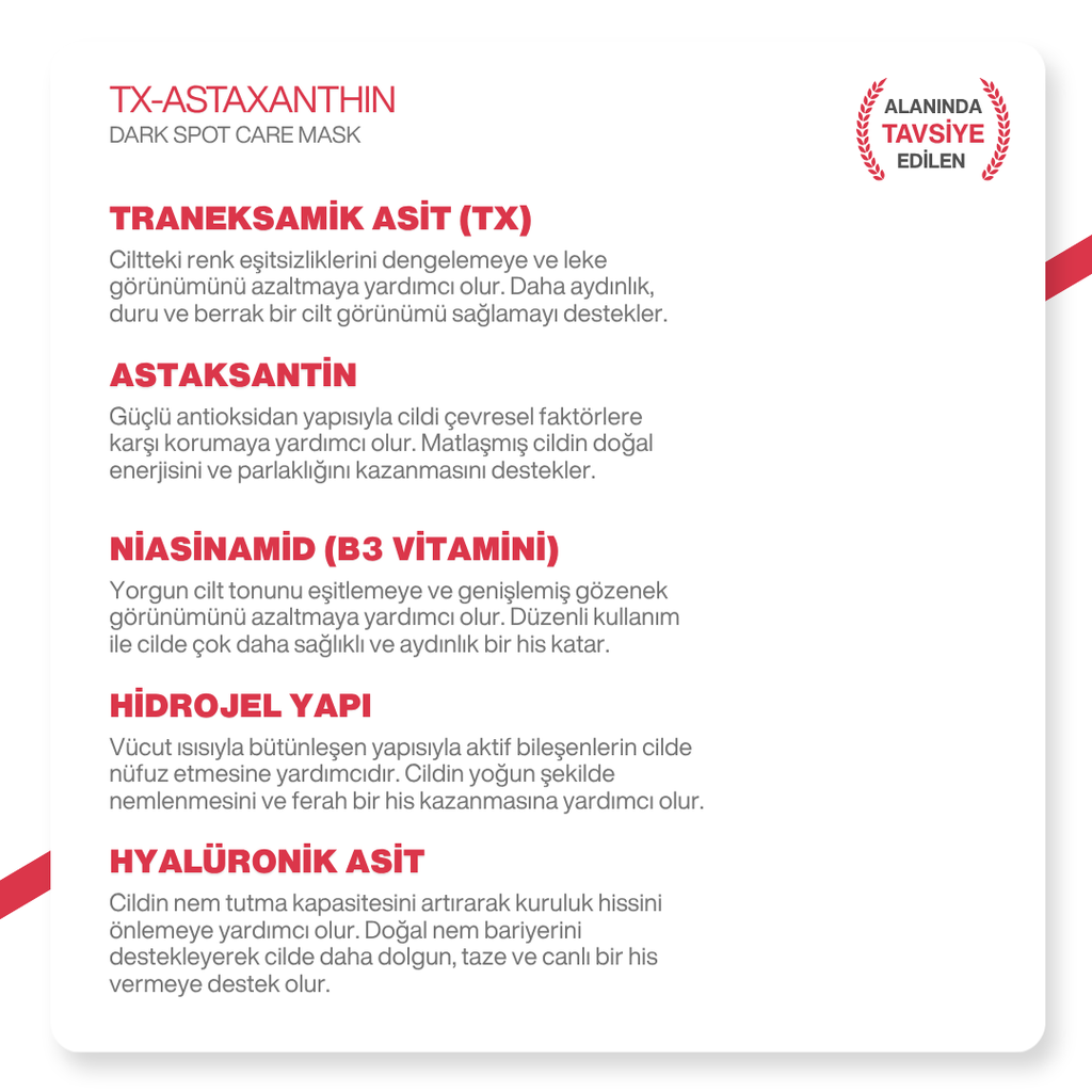 TX Astaxanthin Leke Karşıtı Hidrojel | Aydınlatıcı & Ton Eşitleyici Yüz Maskesi 4 Adet