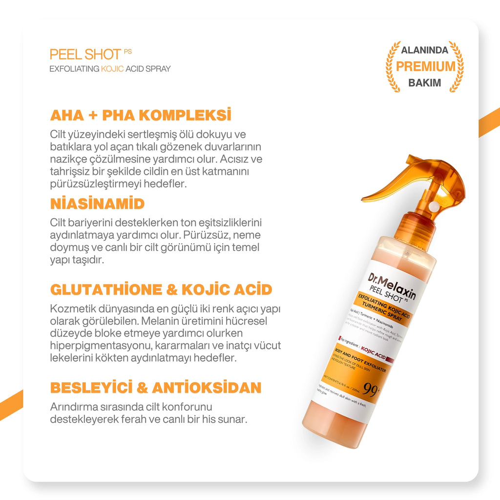 Dr.Melaxin Kojik Asit İçerikli Vücut Peeling Spreyi – Batık ve Kararma Karşıtı Bakım 200ml