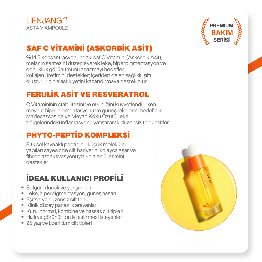 %14.5 Saf C Vitamini & Glutatyon | Leke & Kırışıklık Karşıtı |Yoğun Aydınlatıcı | Ton Eşitleyici Ampül 15 ml