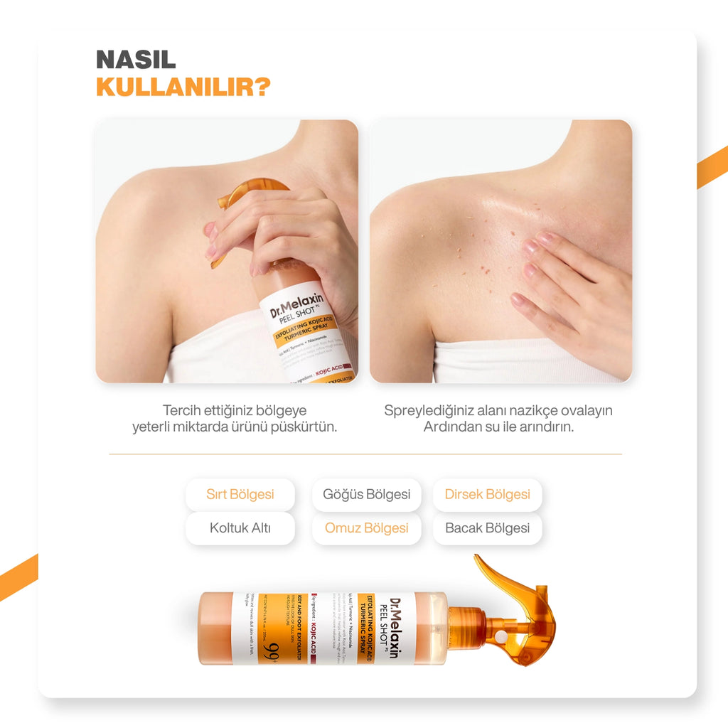 Dr.Melaxin Kojik Asit İçerikli Vücut Peeling Spreyi – Batık ve Kararma Karşıtı Bakım 200ml